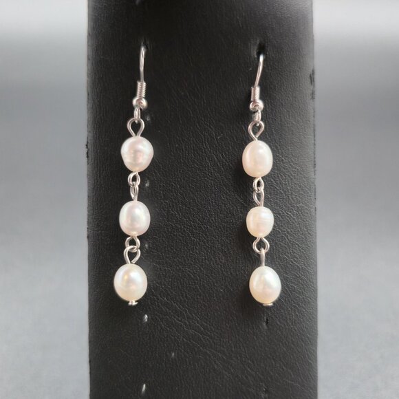 Silver Plated Triple Genuine White Pearl Dangle Earrings A6576 - Picture 2 of 5
